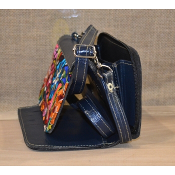 Portfel torebka skórzana granatowa z kwiatowym kolorowym haftem